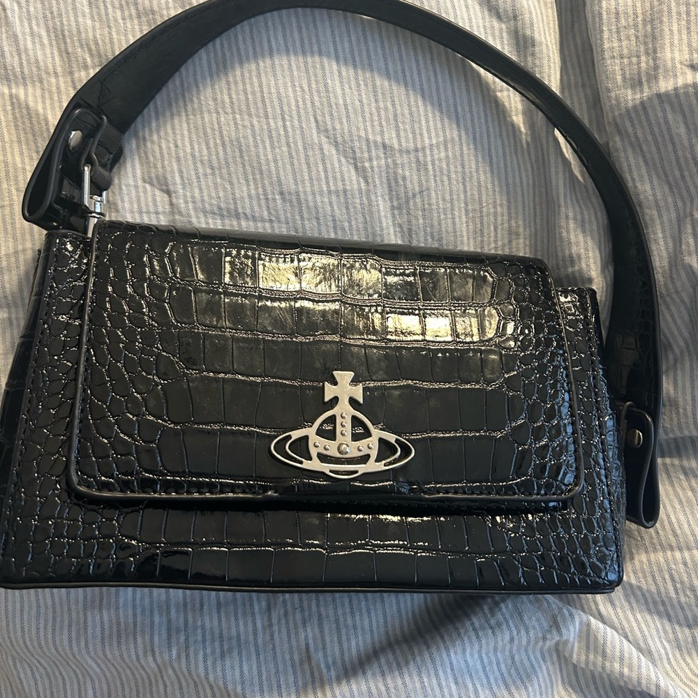Vivienne Westwood Black Croc-Embossed Shoulder Bag with Silver Orb